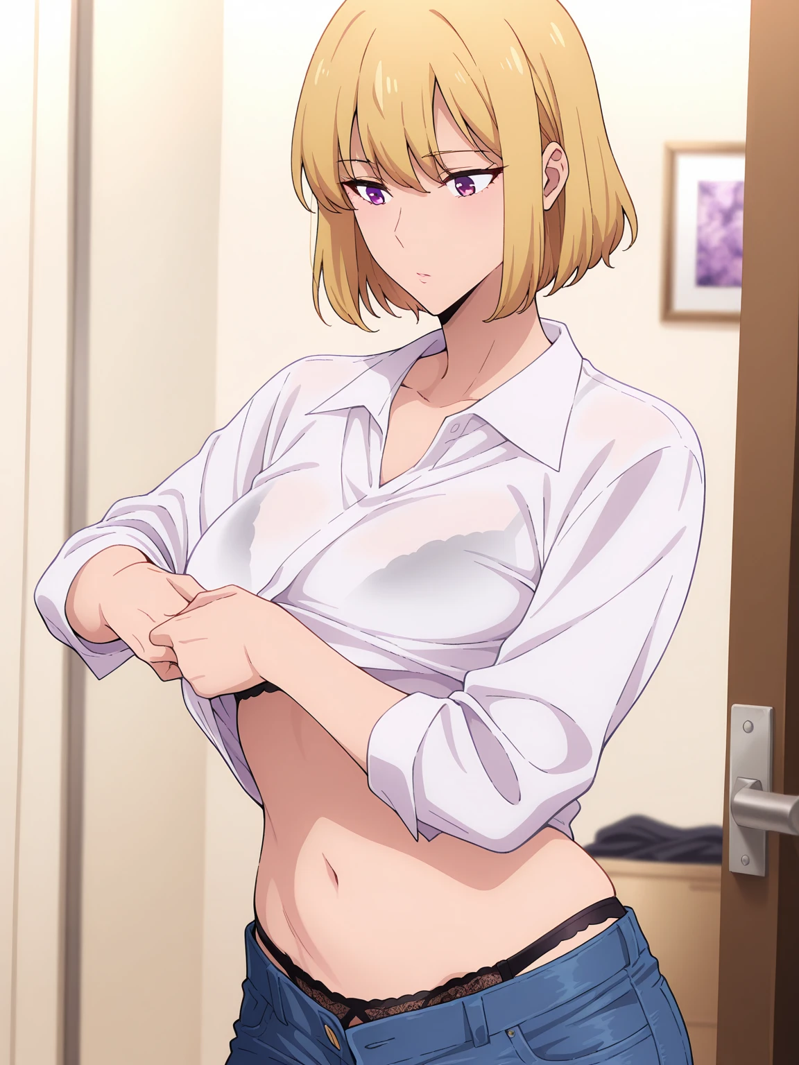 ((best quality)), ((masterpiece)), (detailed),female anime perfect body wearing white bra bikini, pink short hair, sexy, hugged from behind by the boy, yellow hair boy, white skin, wearing blue hoodie HD 4K