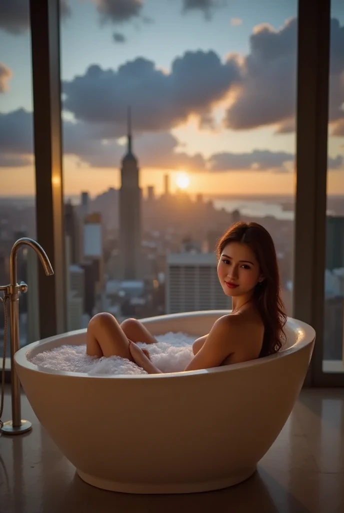 The girl in the bathtub looking outside from the window.. she see a beautiful sky with many flowers