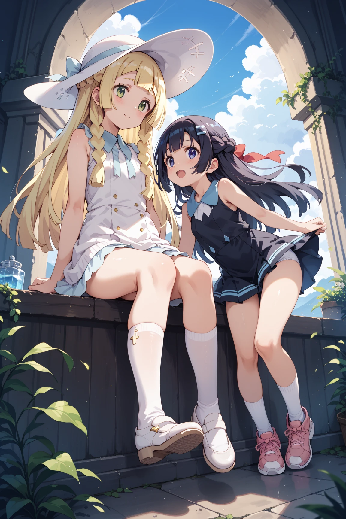 Panties looking up from directly below、むきだしの胸,Cute sisters standing