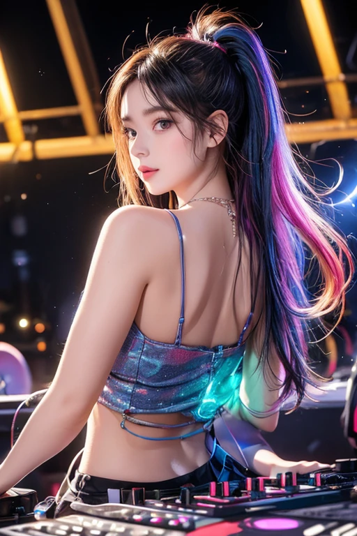 (tmasterpiece、best qualtiy、A high resolution),((paint splatter,splash of color,Splash ink、Color splattering)),Sweet Chinese girl,rainbow hair,Pink lips,leges,Open feet,the detail,Lingerie transparent,,sweat soaked,,big aslackstockinglack lace,Raised y,Back Shadow,adolable,high and cold,Look to the lens,To the lens