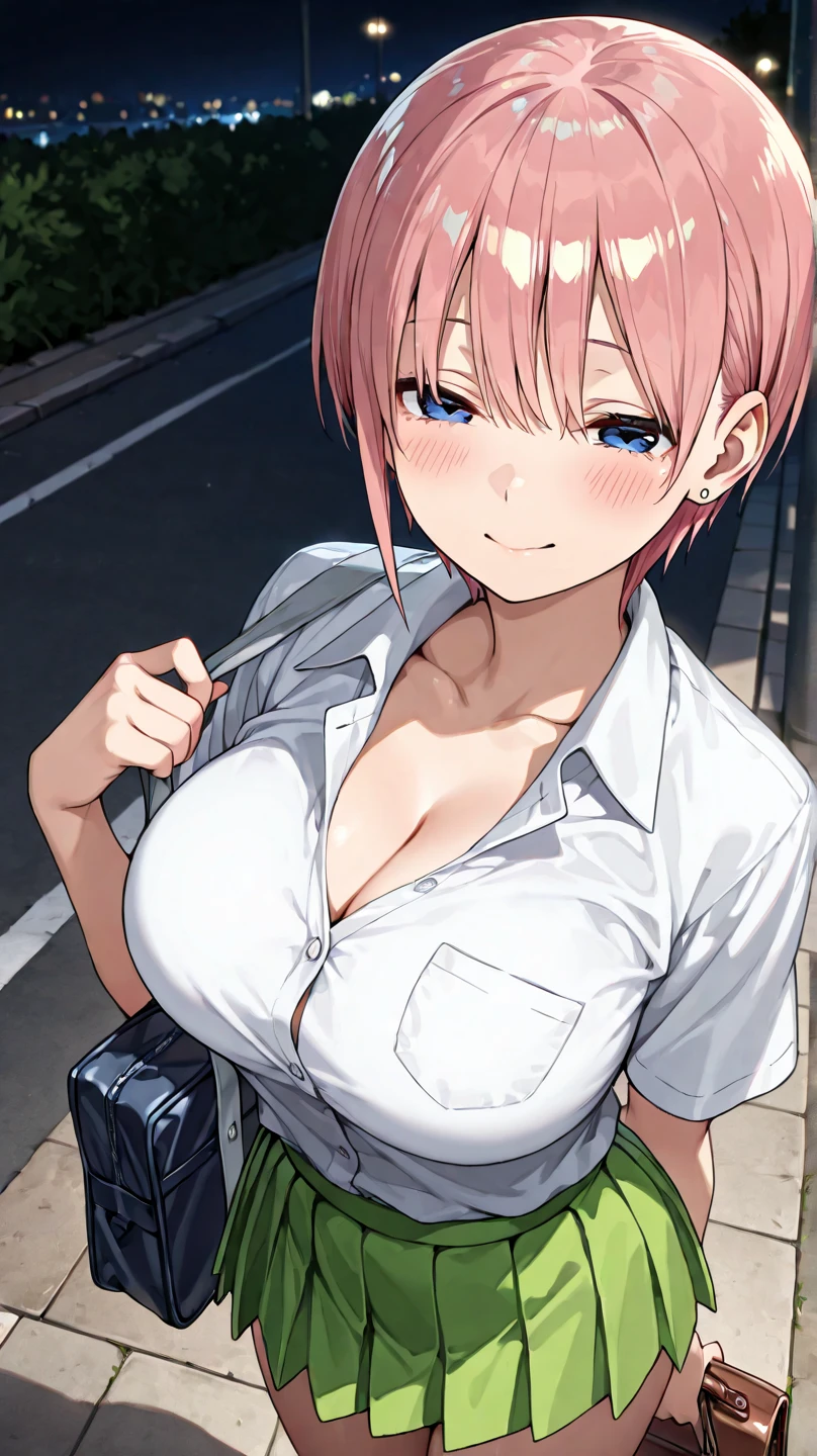 One Can Be, Ichika Nakano, ,high school student,Short Hair, Bangs, Blue eyes,Hair between the eyes, Pink Hair,Big Breasts,Cleavage,Uniform to bra