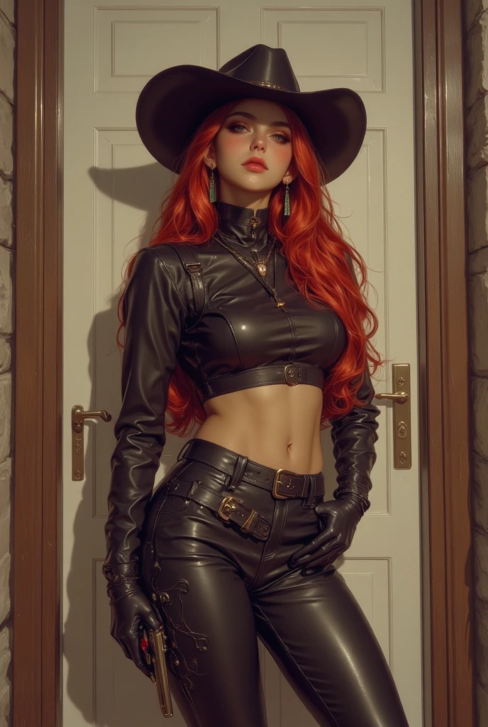 (obra maestra, mejor calidad)1.5, 1 chica, solo, (sexy, mujer hermosa, cara perfecta, ojos perfectos)1.5, pechos gigantes, pelo color rojo, muy escotada, (Miss Fortuna, miss fortune, black pantalones, Botas hasta las rodillas, abdomen negro, Espada de alfanje, Sombrero pirata, sujetador negro, deslizamiento de la correa, hombros descubiertos, mangas separadas, mangas blancas anchas, pantalones ), (Standing inside the captain&#39;s room of a pirate ship)1.5, (pelo naranja, blue eyes), (pechos medianos:1.5), (cuerpo femenino perfecto:1.5), sonrisa seductora, perfect lighting, liso, hdr, 8K resolution, mirando al espectador,