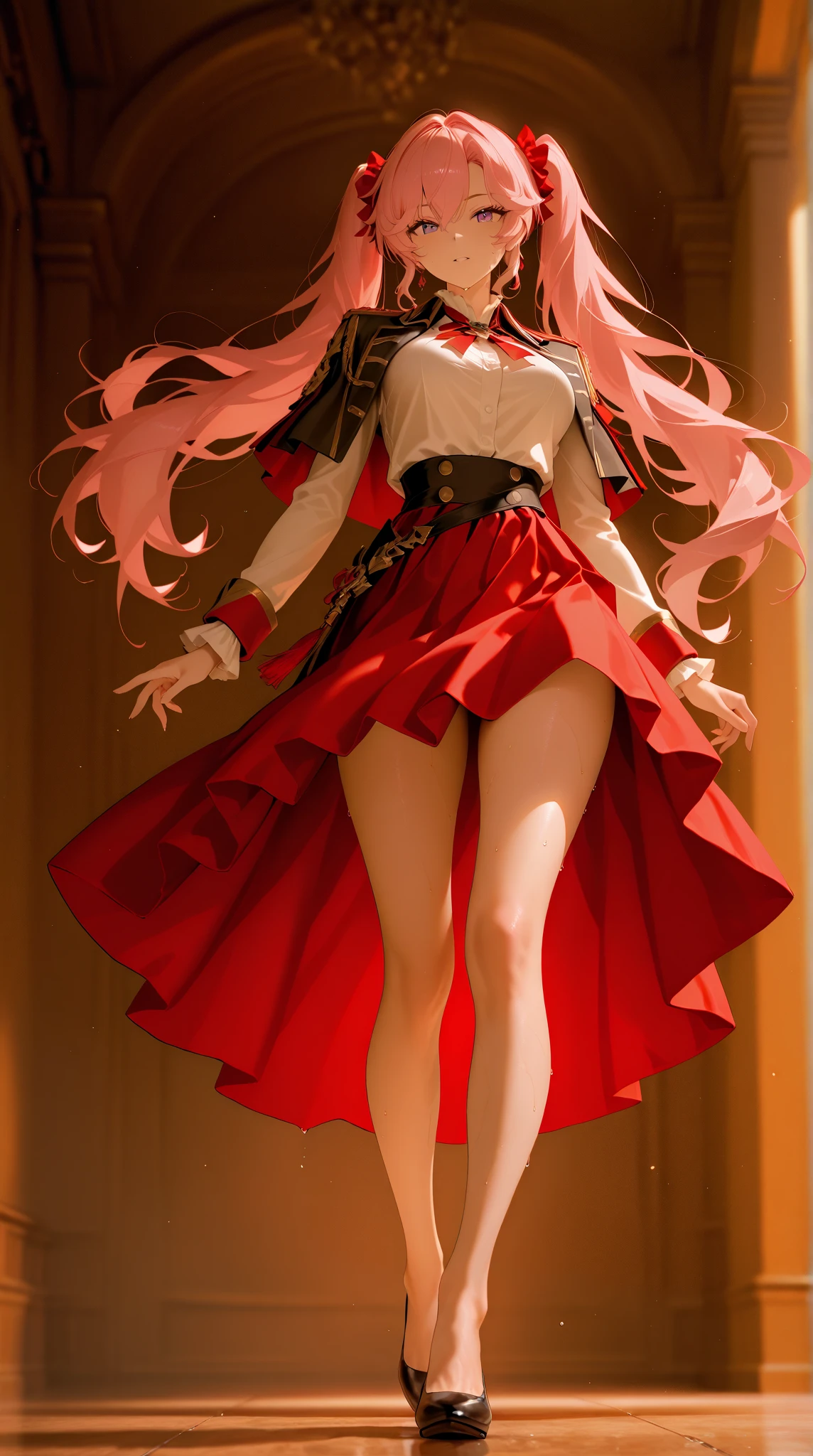 zero two \(darling in franxx\), darling in franxx, 1girl, bangs, bite, shadow, long hair, big breasts, large thighs, makeup, red dress with details, yellow tie, belt, Pantyhose, green eyes, pair of small red horns, pink hair, red eyeshadow, tight skin, solo