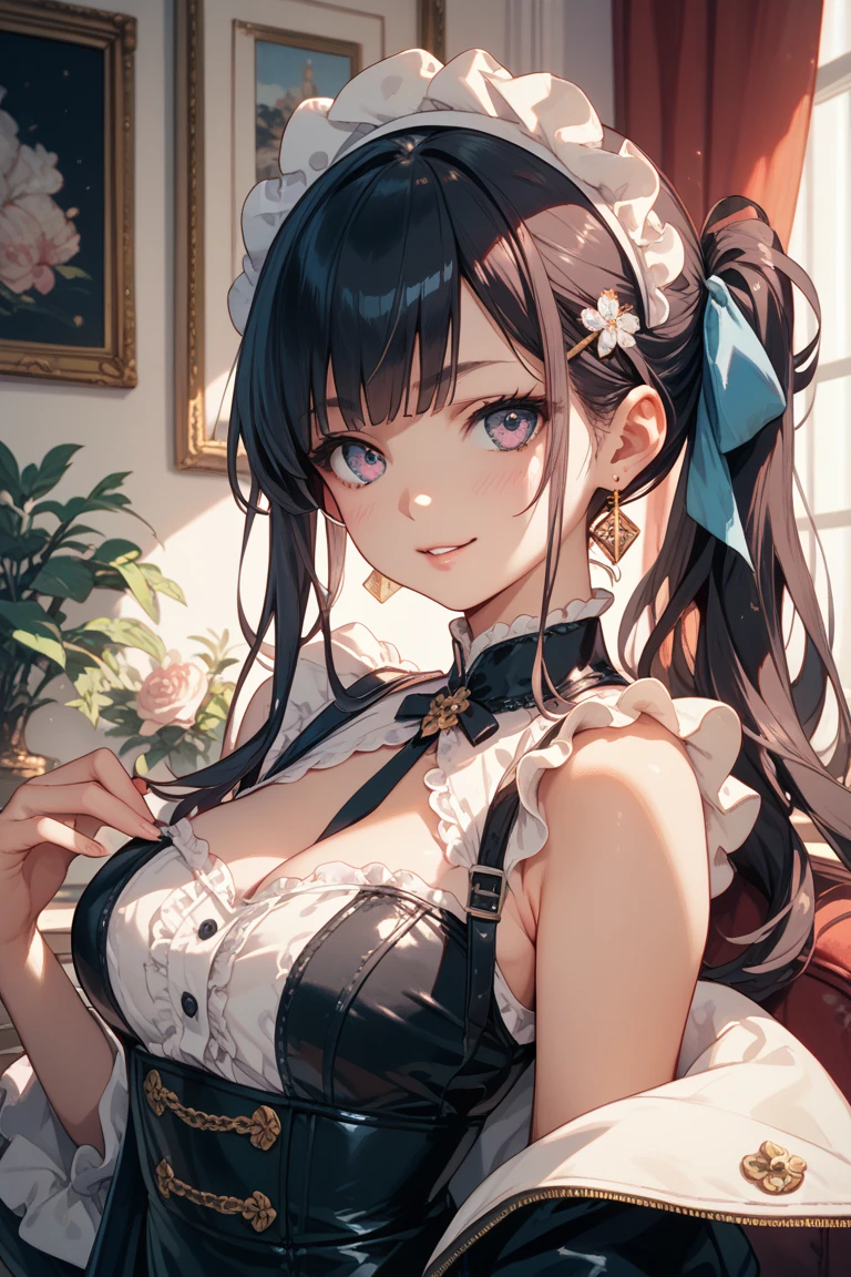 highest quality, masterpiece, long eyelashes, Sparkling輝く目, frill and ribbon mini skirt, sit on the bed, Sparkling, Ribbon hair ornament, big breasts, show off your breasts, You can see the cleavage of your,
