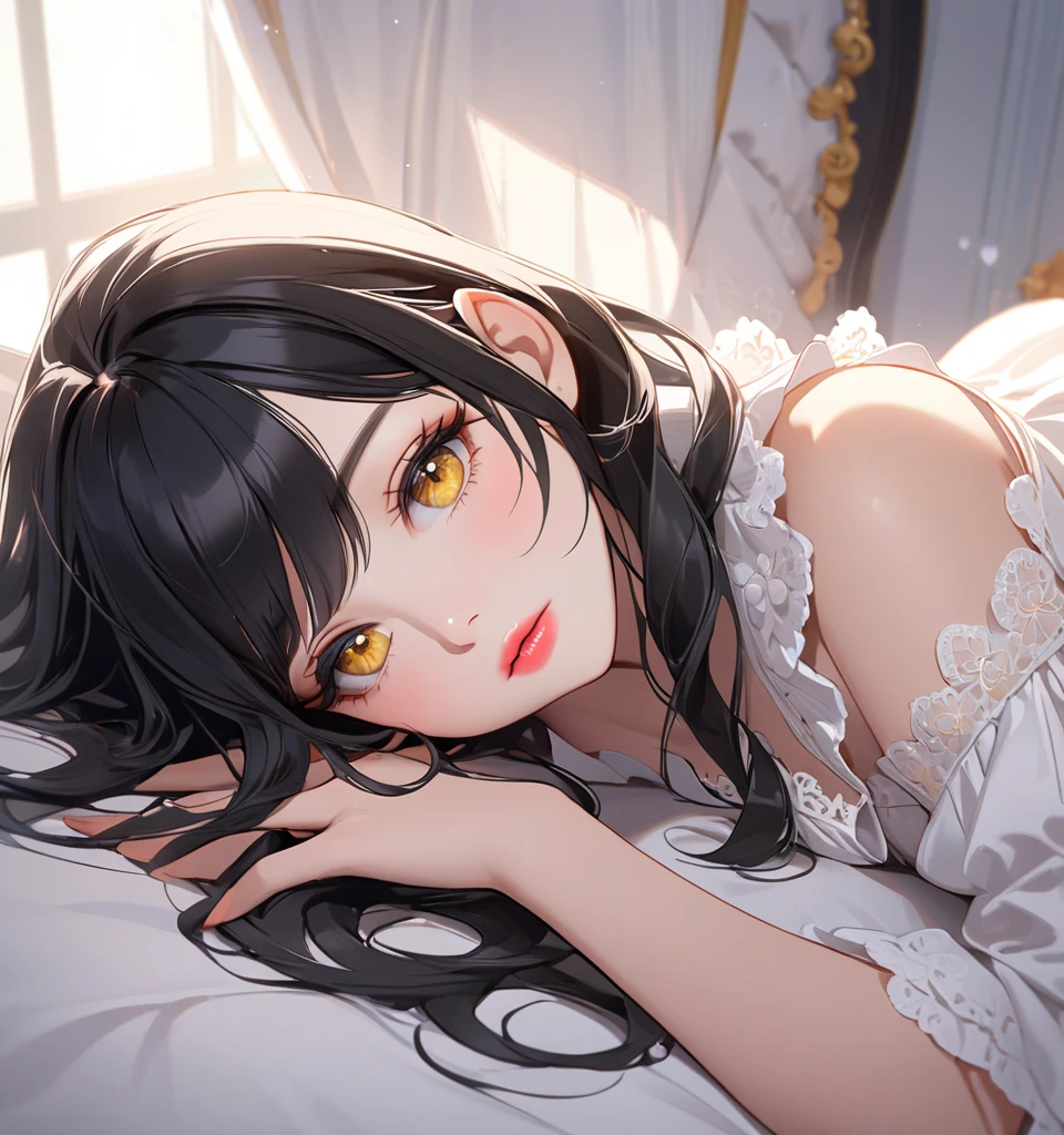 (highres:1.2),ultra-detailed,1girl,lying in bed,pale skin,dark red hair,black thigh high,lace,nylon,hot,sensual light,contrast light,romantic glow