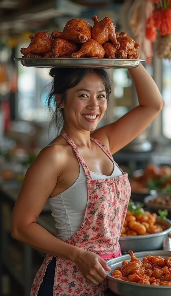 wet market,Pork stalls,rugged asian girl, wet messy hair, sweaty face, shiny skin, hot and steamy, dirty torn white top