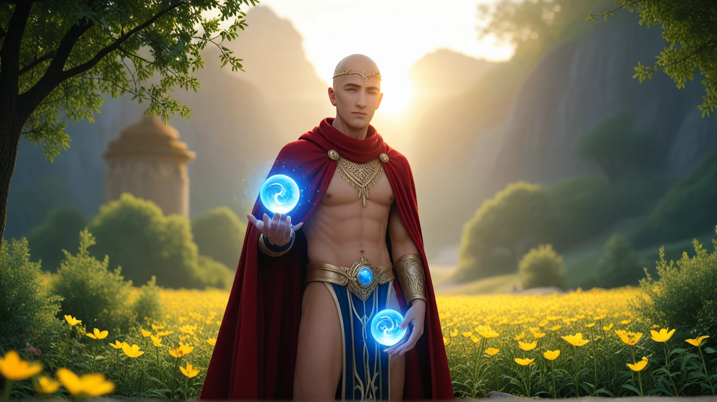 Young man with short blond hair, eyes locked, two blue marks around the eyes, wearing no shirt, wide blue pants with some details and similar to Arab pants, two gold bracelets with sapphires on the wrists, golden crown with sapphires and similar to a tiara on the forehead, gold necklace with sapphires, a circle made of crystal clear water floating around the head, epic wizard pose, 独奏, Masterpiece artwork, precise, High details, 3D rendering, conceptual artwork, cinematic lighting, macro photography