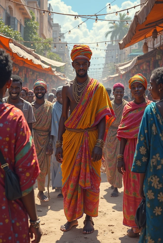 "Create an image of Indian men Aditya returning to his village, sharing his newfound knowledge with a crowd of villagers. The scene should show the villagers applauding and recognizing his bravery."realistic image