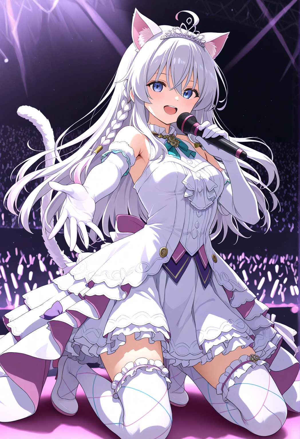magic girl and a famous idol with long white hair and cat ear and tail, yellow eyes, holding a microphone, waring a skirt