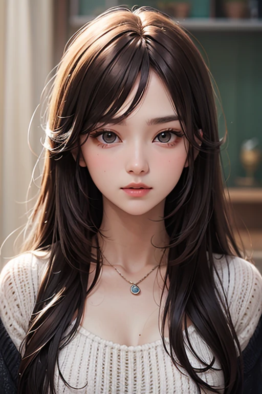 Japan woman photo, big breasts, bob hair, upper body, face focus, oversized_sweater, necklace, simple background, from above, looking at the viewer, 40 years old