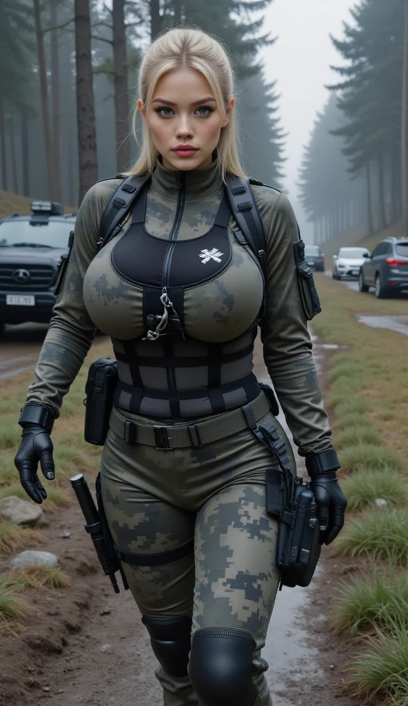 1 mulher musculosa, soldado do exercito, olhando para o espectador, (rosto perfeito), symmetrical features of the face, olhos detalhados, olhos azuis, (detailed facial features), labios bem definidos, Nariz fornecido, (white face makeup with powder blush, eye makeup with black eyeshadow and false eyelashes, pink lipstick outlined), (long straight hair loose), (pele suave e macia), seios redondos com silicone, (Corpo da fitnes), (bunda grande), (coxas grossas), (((perfect hands))), textura de pele 3d, personagem consistente , (((wearing combat uniform combat shirt combat pants combat helmet, ballistic vest tactical belt, holster tactical gloves tactical boots))) , (((Pose erotica dinamica))), (traje detalhado), (on duty in the middle of a forest in Vietnam), melhor qualidade, 3D-rendering, ultra-high resolution, surrealismo, Realismo, iluminação clara, luz e sombras cinematograficas, cores vibrantes, contraste adequado, ray tracing, Fujicolor, Hard disk, super detalhe, detalhes altos, 16k