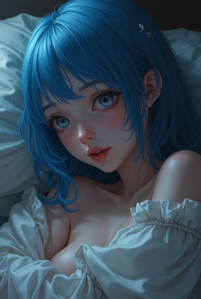 Thick eyebrows、Worried brow、Hanging eyes、Blue Eyes、Blue Hair、Anal Close Up、Clitoris exposure