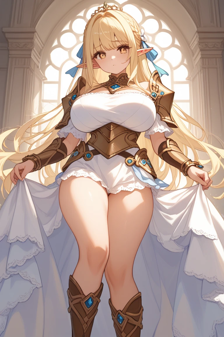 Very detailed、highest quality、Best image quality、masterpiece、8k、Anime Face、(A kind smile:1.1)、(Open your mouth:1.3)、Sparkling blue eyes、(Blonde semi-long hair:1.5)、(Muscles of the whole body:1.3)、(High leg:2.0)、Thigh belt、(Calvin Klein High leg:1.7)、(Upper body photo:1.5)、(SFW Giant)、(Thick body:1.3)