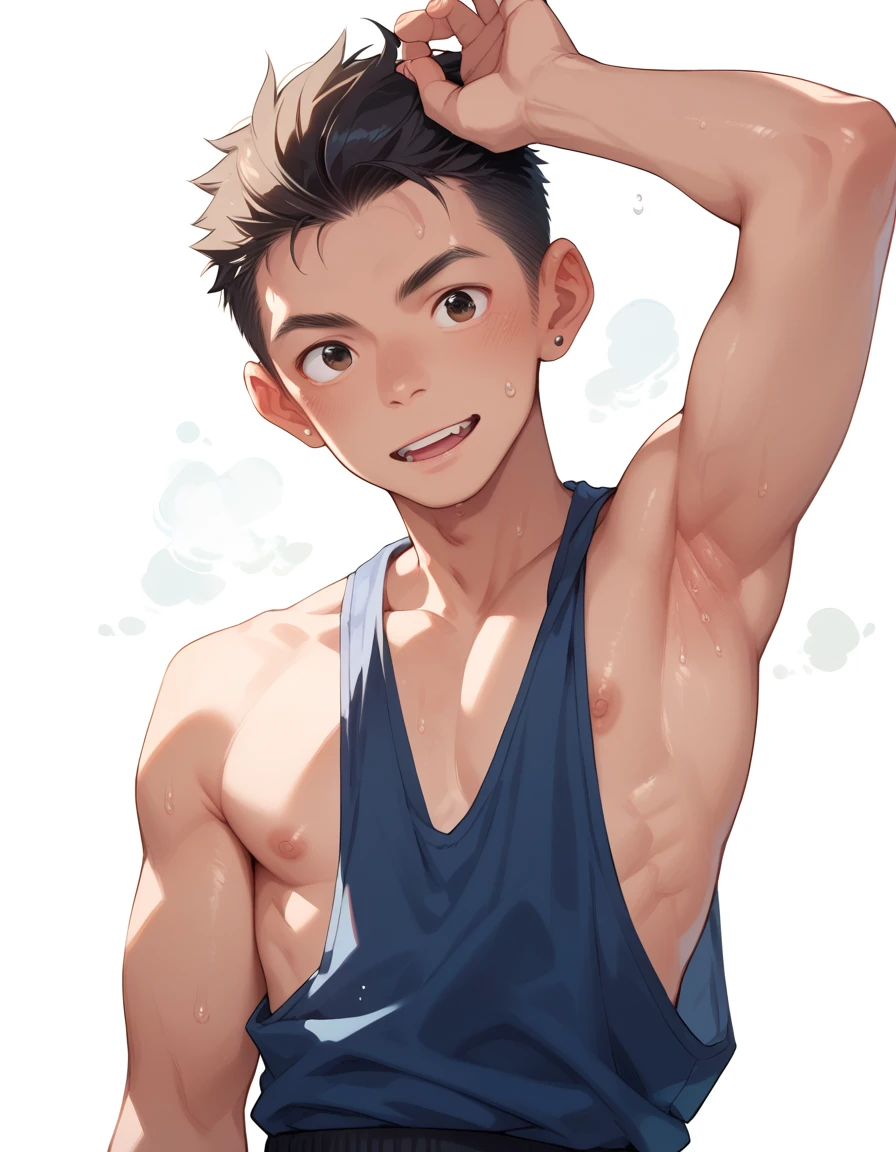 High resolution, masterpiece, The best quality at its best,最high quality,high quality, Height Details, One boy, Shota, Wearing a headband, Upper body naked、(Little and cute boy), (Very young boy), (Very small and short body), 12 year old boy, (Show your armpits), Simple Background, little sweat