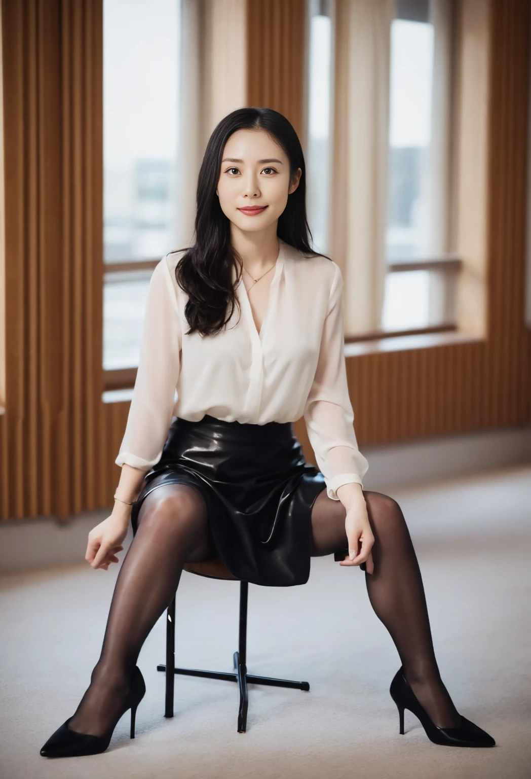 Japanese,Mature Woman, (alone), 30 years old, (double),whole body,Medium black hair, Glamour, Pure white skin, Photographed from the front,Observe the audience、(Office Lady)、(suit),(Black Pantyhose),Black high heels、garden、Squat,