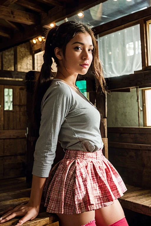 Ultra Realistic photo of a Spanish girl isabella, 12 years old, who dreams about her future in spain and at the same time fear and sadness, wearing a revealing flamenco dress , red carnation in her hair above the left ear, full body view in old Spanish ranch , Spanish flags in background, rapier in right hand, national symbol badge on red blouse. 