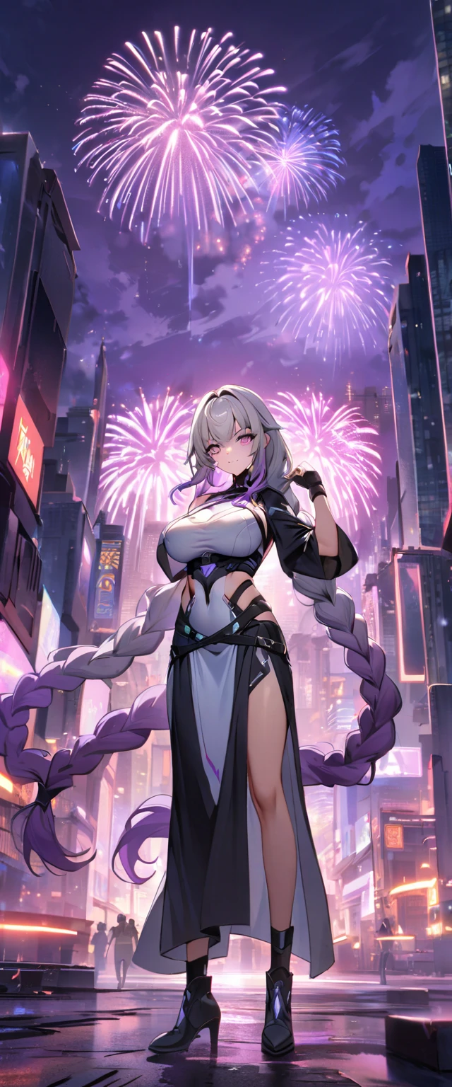 Full body portrait of a man posing fiercely against a neon-lit city background,Night view, yinji , 1 Girl, purple hair,purple eyes,very long hair,grey hair,double braid,large breasts,gradient hair,  Fireworks explode overhead. She is exercising her power, So there is a bright light behind her, Light up her white top. Be sure to capture the unique light waves emitted by your hands，And put some black aura around you，To refer to your mysterious power.