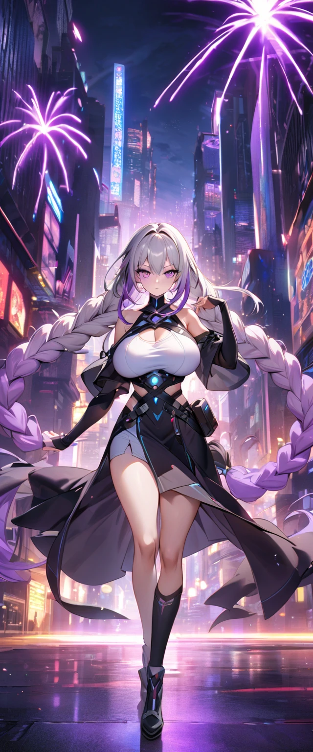Full body portrait of a man posing fiercely against a neon-lit city background,Night view, yinji , 1 Girl, purple hair,purple eyes,very long hair,grey hair,double braid,large breasts,gradient hair,  Look up at the sky and smile, Beautiful Face, masterpiece, best quality, (Highly detailed CG Unity 8k wallpaper) (best quality), (Best Illustration),
