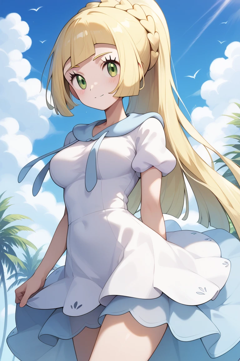 1girl, long hair, breasts, looking at viewer, smile, open mouth, blue eyes, blonde hair, hat, dress, flower, outdoors, teeth, sleeveless, armpits, white dress, tree, rose, white headwear, white flower, sun hat, hat flower, on head, sundress, masterpiece, best quality, highly detailed