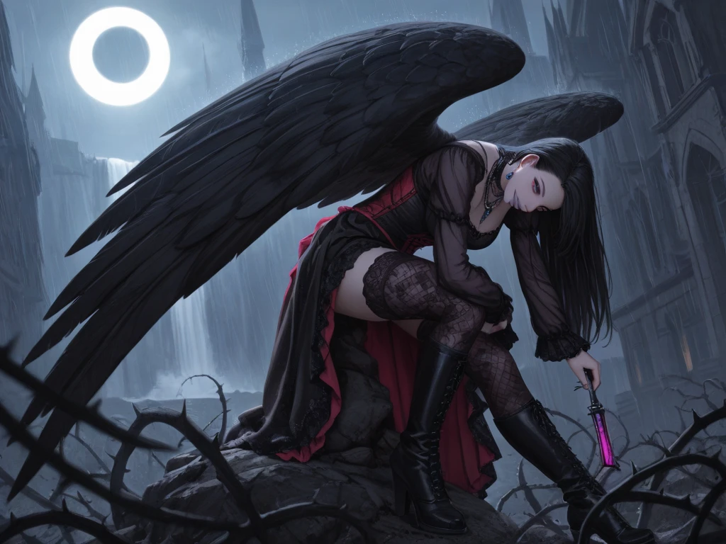 1 fallen Angel girl, character focus ,close to view, cowboy shot, (Faintly emerge from the darkness), cinematic lighting,lying underground ,((black wings)), ((black feathers )), black dress , high resolution,(incredibly absurdres), anime visual,ultra detailed CG unity 8k wallpaper, ((masterpiece)), ((top-quality)), (beautiful illustration), ((an extremely delicate and beautiful))
