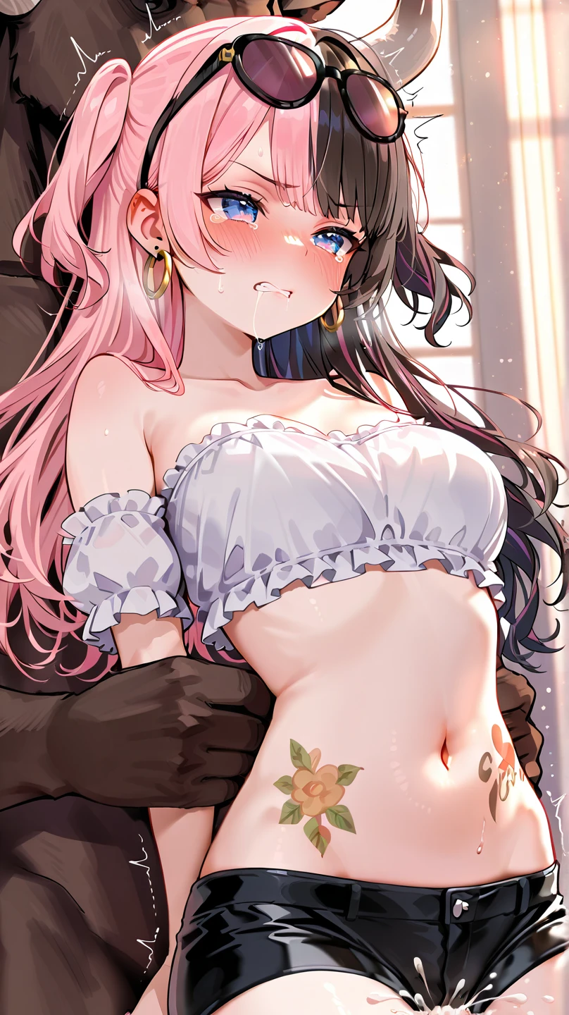 (highest quality:1.2, Very detailed, up to date, Vibrant, Ultra-high resolution, High Contrast, masterpiece:1.2, highest quality, Best aesthetics), Portraiture、girl、singer、Bright colors、Beautiful fine details、Beautiful lip detail、midium wave hair、red and white ((streaked hair:1.6)), highlights hair: 1.5, red eyes, slim body, middium breast, (tan skin:1.1), (Floral Fineline tattoo design on left arm:1), nsfw, Camisole, panty lift, touch pussy, ((masturbation:1.3)), ((orgasm:1.2)), lie down on the bed, bedroom, (cowboy shot:1),