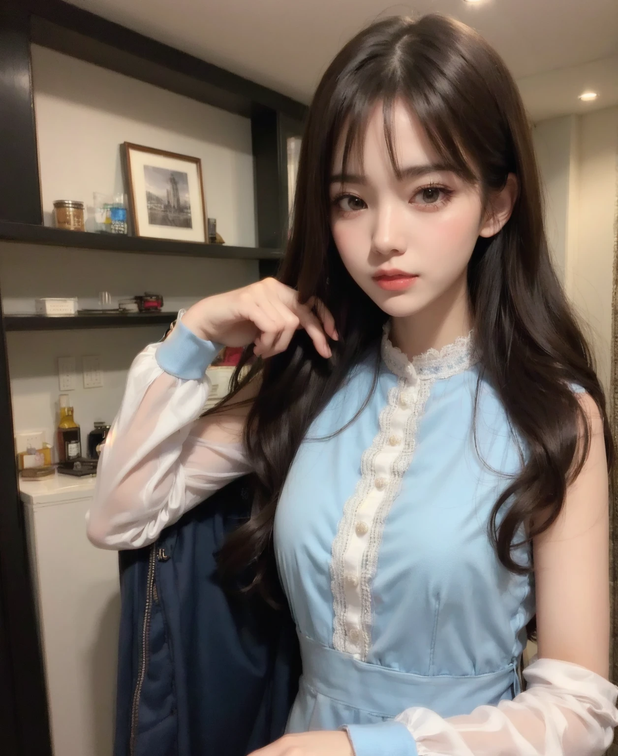 (masterpiece:1.3), High resolution, super detailed, Highly detailed CG Unity 8K wallpaper, realistic, photo-realistic, Raw photo, beautiful and detailed face, pale skin, realistic glistening skin, fine cloth texture, detailed hair texture, perfect body, beautiful face, Accurate, anatomically correct, Highly detailed face and skin texture, natural neck length, (beautiful hands), (Fair skin:1.2), thin legs, thin legs,
break,
fine eyes, symmetrical eyes, light brown eyes, double eyelid, thin eyebrows, (glossy lips:1.4), (smile gently:1.2),
break,
(classy and cute girl:1.3), (Wearing a blue high-neck blouse:1.3), (See-through:1.3), (sexy panties:1.2),
(medium big breasts, slender body shape, toned abdominal muscles, firm chest:1.1), beautiful clavicle,
(dark blonde hair, wavy hair, long hair:1.2), ((asymmetrical bangs:1.2)),
break,
((On all fours in a luxury bed:1.3)),
(In a modern Japanese bedroom), (cowboy shot:1.2), looking at the viewer, (from below:1.3),