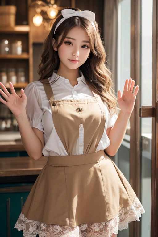 (((best quality))),(((ultra detailed))),(((masterpiece))),illustration,1girl,maid cafe,stunningly beautiful,slim,medium straight bob hair,flat chest,deep captivating eyes,maid costume,see through lace apron,short hemline,bare arms,arms behind back,thighs,slender legs,pantyhose,graceful movements,confident charm,warm genuine smile,France cafe,delicious coffee pastries,warm inviting atmosphere,joyful eyes,Coffee Machine,upper body