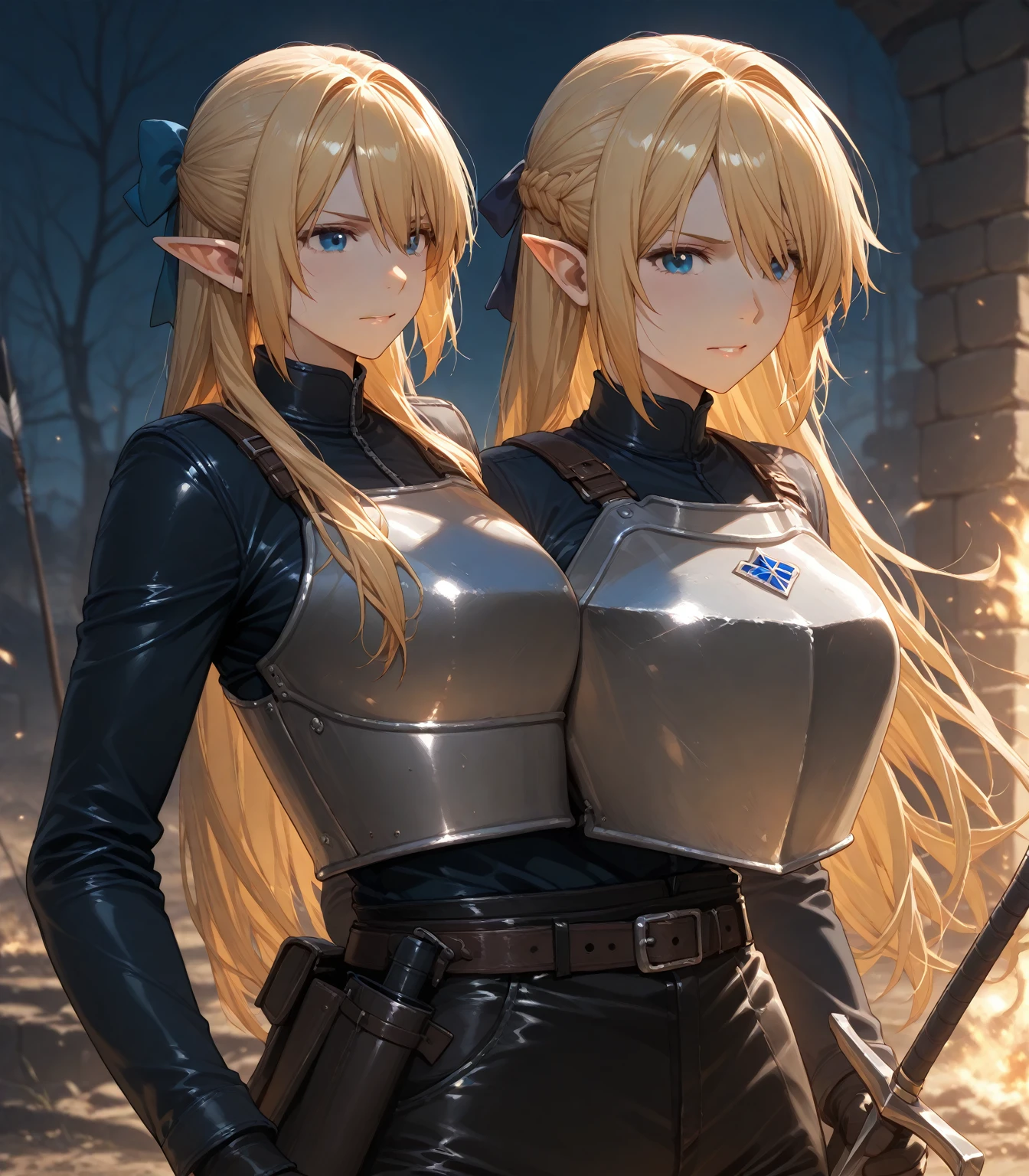 a girl, 1girl, elf, short bob hair, gold hair, very small breasts, long pointed ears, blue eyes, fair skin, serious face, white heavy armor, big sword on the back, full body, night, medieval castle, very sexy body, detailed face, highly detailed, 8k, best quality, masterpiece, vibrant colors, digital art, concept art