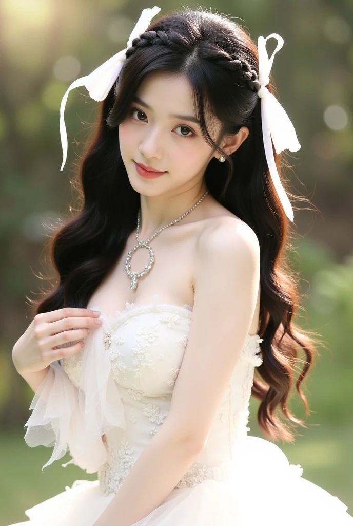 masterpiece, best quality
1girl, bare shoulders, black hair, blurry, blurry background, breasts, brown hair, dress, earrings, falling petals, flower, hair ornament, jewelry, long hair, navel, necklace, petals, solo, upper body, wading, water, white dress