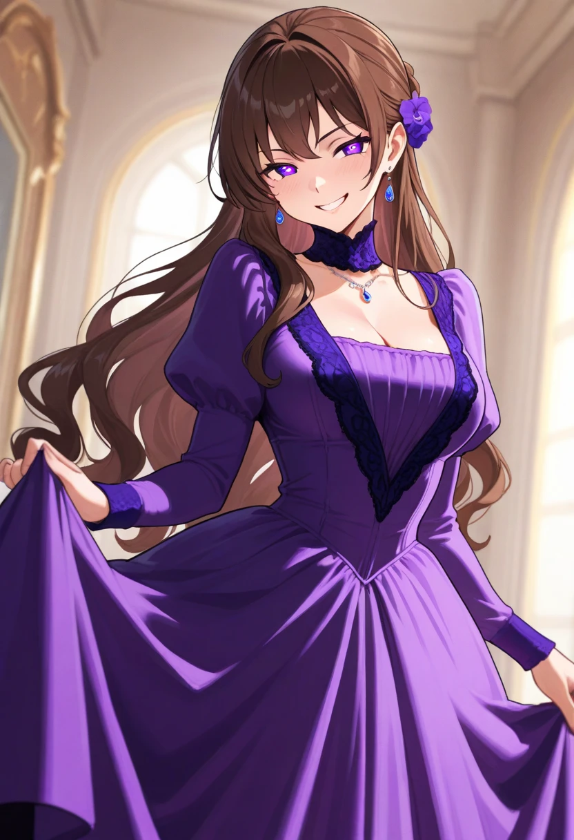 Anime girl, aesthetic body, long brown hair, purple eyes, elegant dress, tall