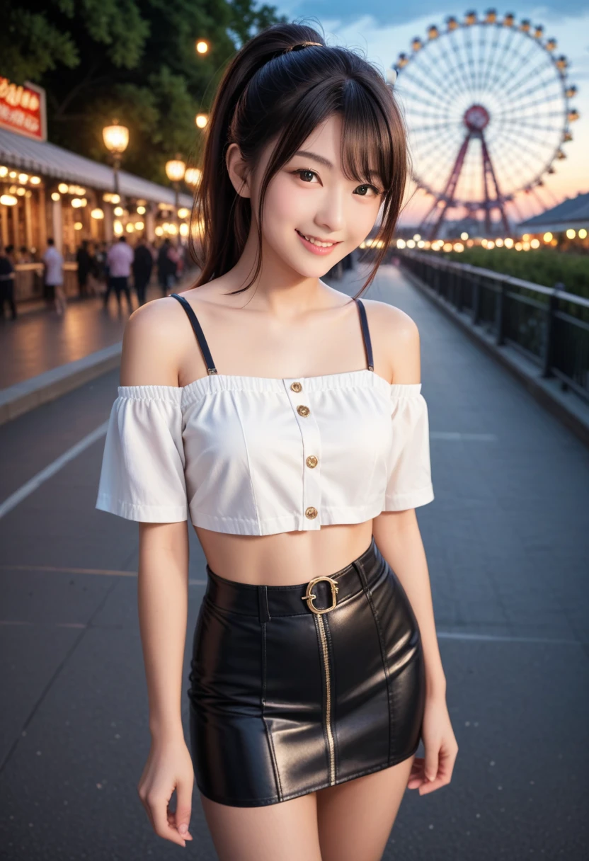 masterpiece、Mastepiece、girl、Random hairstyle、clear eyes、look at the viewer with a smile、Perfect proportions、full body shot、random clothes、Sexy pose、The background is the cityscape