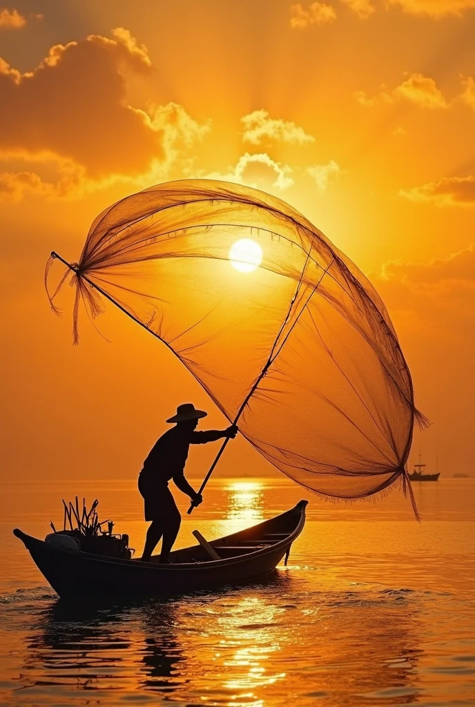 realistic photo, an fisherman on a small boat casting a fishing net into the water, traditional fishing in Goa in India, sunset, visible black silhouette of the fisherman standing on a wooden boat and throwing the fishing net 
