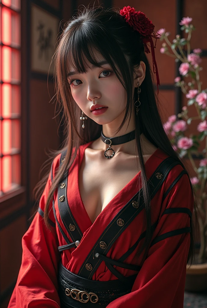 a long-haired Japanese girl standing in a Chinese temple, with long black hair with red highlights, white skin and Korean makeup (K-beauty), wearing a close-fitting black shiny satin cheongsan and open top, chest forward, pretty medium breasts, with red embroidered designs, arrogant sexy position, cinematic,