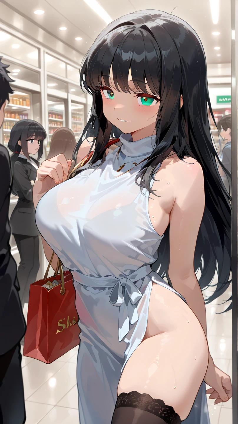 (1girl, solo:1.5) black hair, long hair, black eyes, ,nsfw , large breasts, nipple, Walking, , ,ShoppingMall, , frozen, wet, ,, Naked, Blind ,Temptation, Blank look, empty eyes