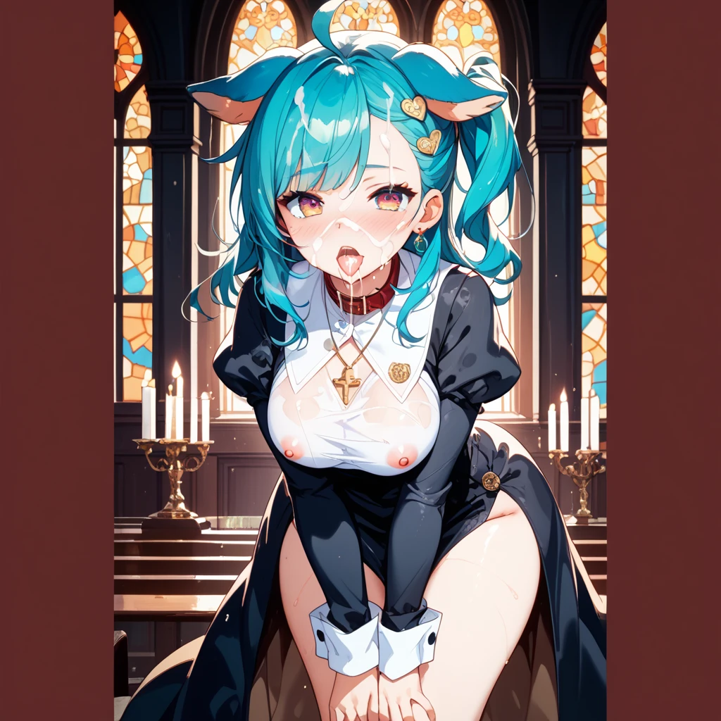 Masterpiece, best quality, best work, beautiful face, nun, cat girl, huge breasts, holding cross, on knees, kneeling, covered nipples, hands behind head, presenting breasts proudly, full body, gold cross tattoo,