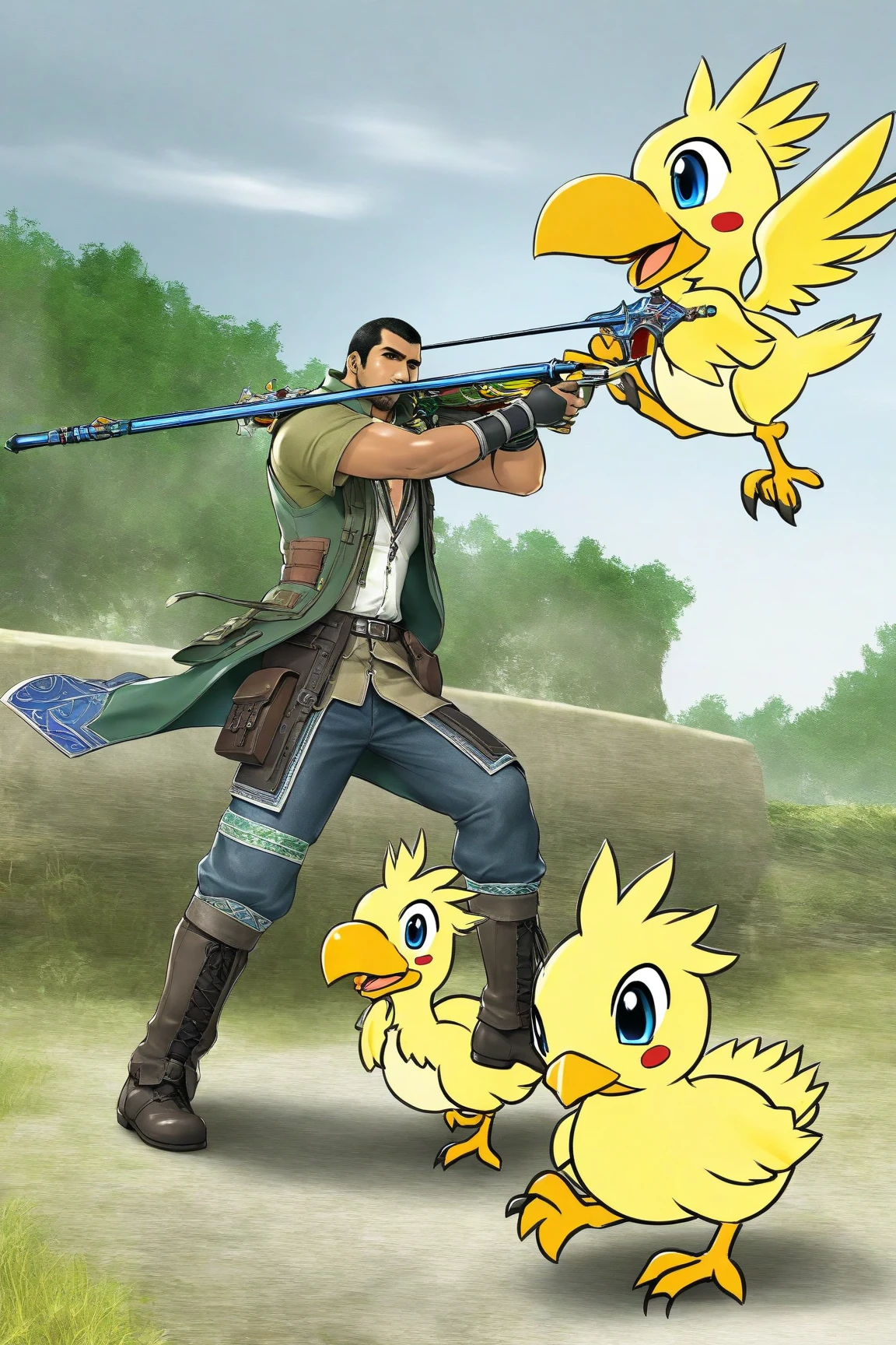 (masterpiece, best quality:1.2), solo, male focus, 1boy, apollojustice, surprised, open mouth, riding chocobo, chocobo, antenna hair, white shirt, blue necktie, sleeves rolled up, red vest, red pants, bracelet <lora:aa_apollojustice:0.8> <lyco:chocobo-nvwls-v1:1.0>