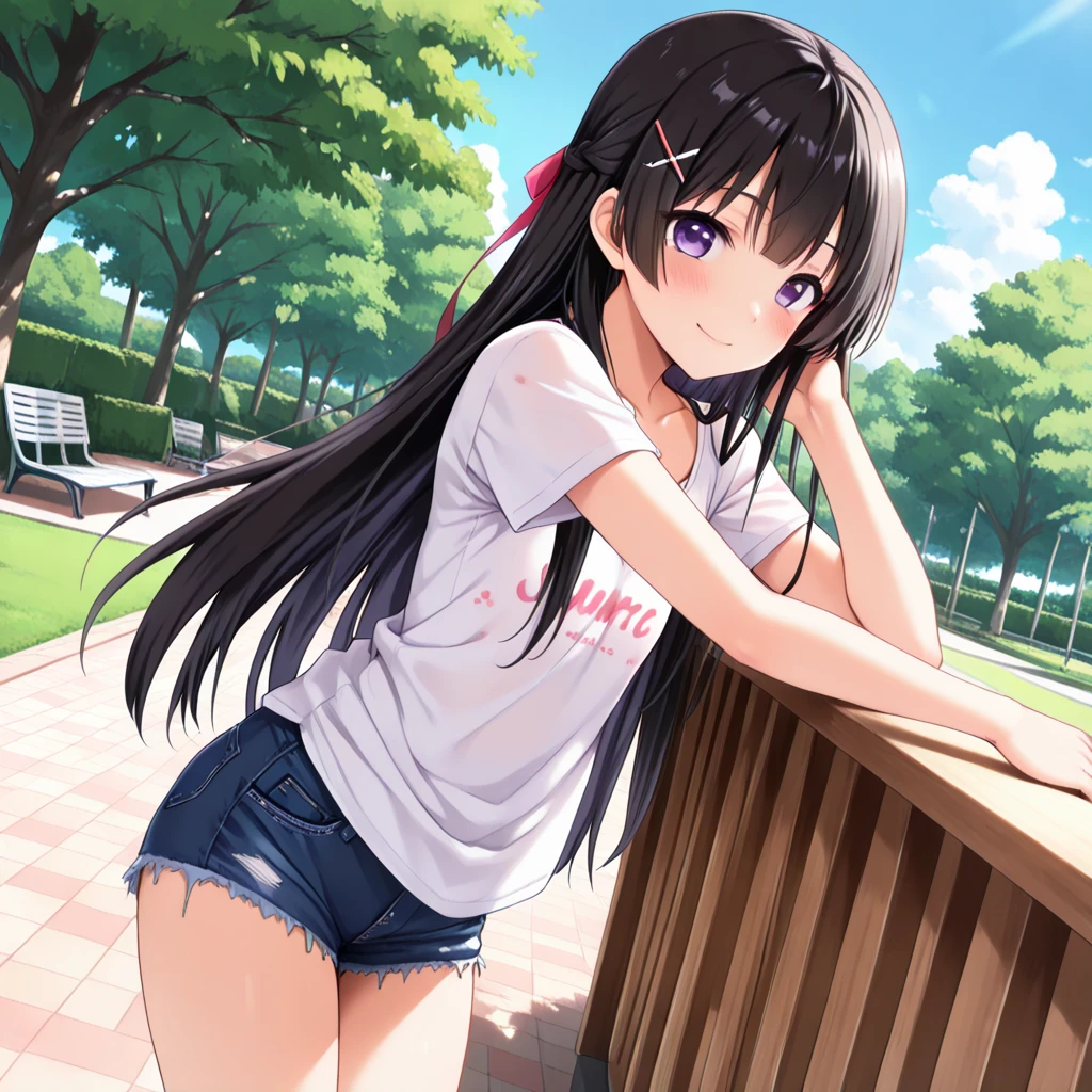 very cute and beautiful girl,(Very detailed美しい顔), (smile),blush,Black Hair,Seraphim,(White shirt、Pleated navy blue legs),Sitting、(From below),(Lacy white panties), Stairs in the park、Distant Tree々and the city, (Highest quality,masterpiece:1.0),Absurd,High resolution,Very detailedな,Very detailed,32K,8k resolution, Intricate details,Movie Scenes,Detailed Background,alone,Dynamic Angle,