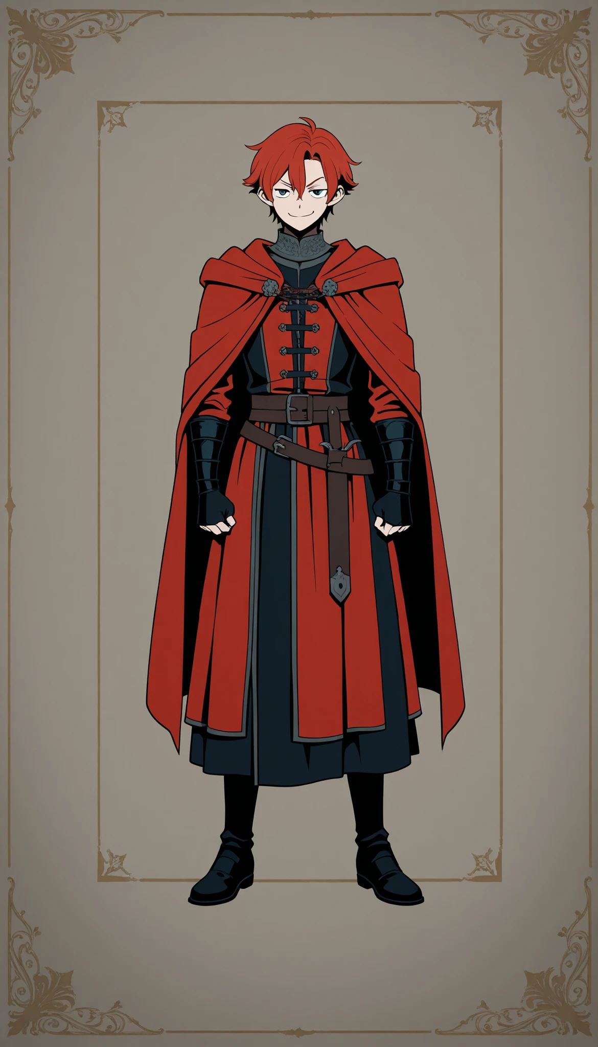 high-quality photos ,very detailed illustration, high-quality photos ,highly detailed illustration, (male:1,7), medieval gothic clothing, smug ,(red short hair a protruding strand of hair on the head :1,7), slim, Perfect body, Artifyber style , pastel flat colors, dnd, full length