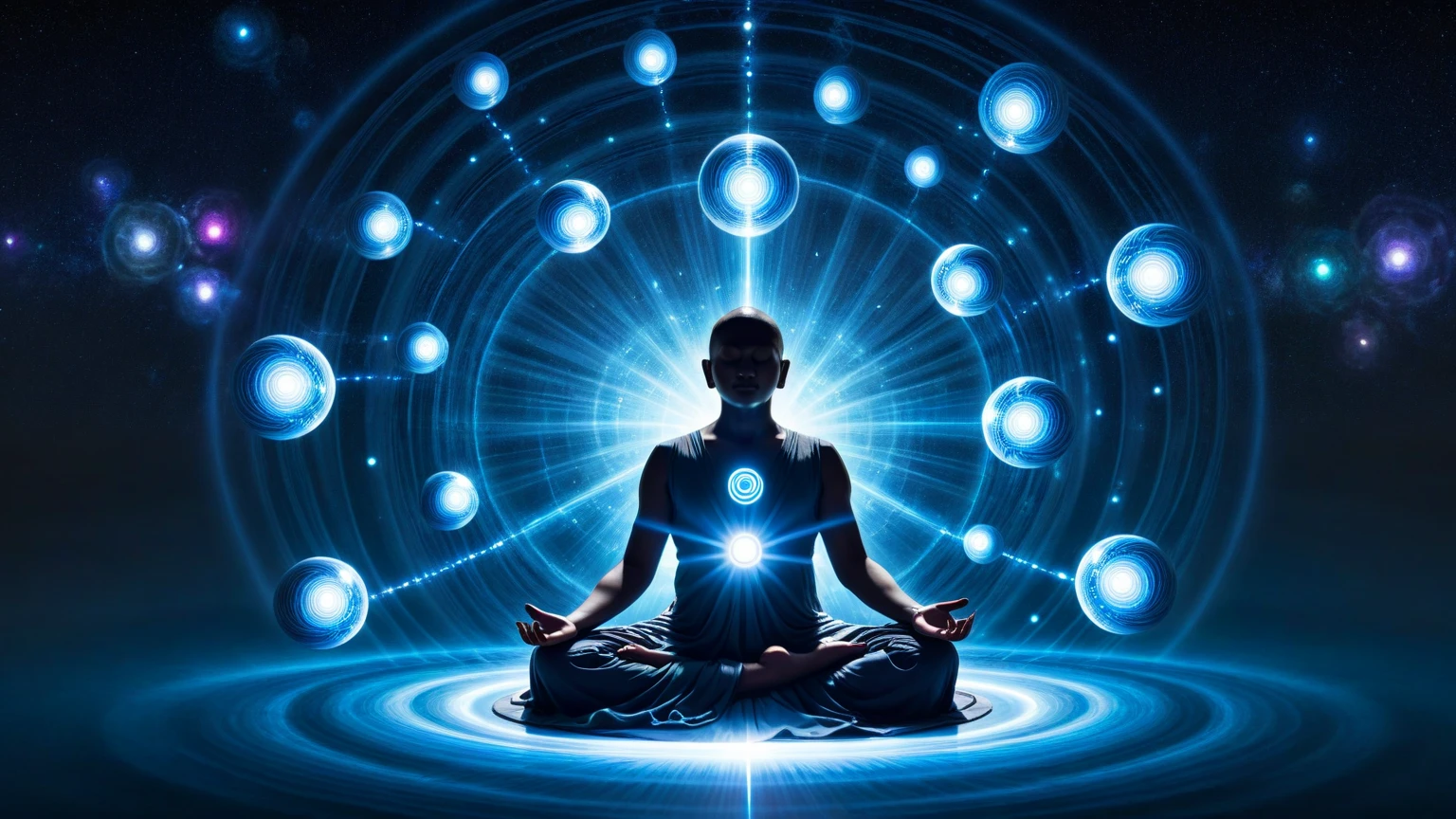 (Best quality, masterpiece), (magic, charm, Wireframe transparent 3d model:1.2, white transparent 3d model of a meditating man:1.2, radiating ambient aura dazzling like magic:1.3 , eyes closed meditation:1.3, (Extremely detailed, dynamic camera), (Wide viewing angle), extremely sharp images, (celestial light), (vivid colors and stormy atmosphere), shimmering net light, panoramic dynamic light, wide viewing angle