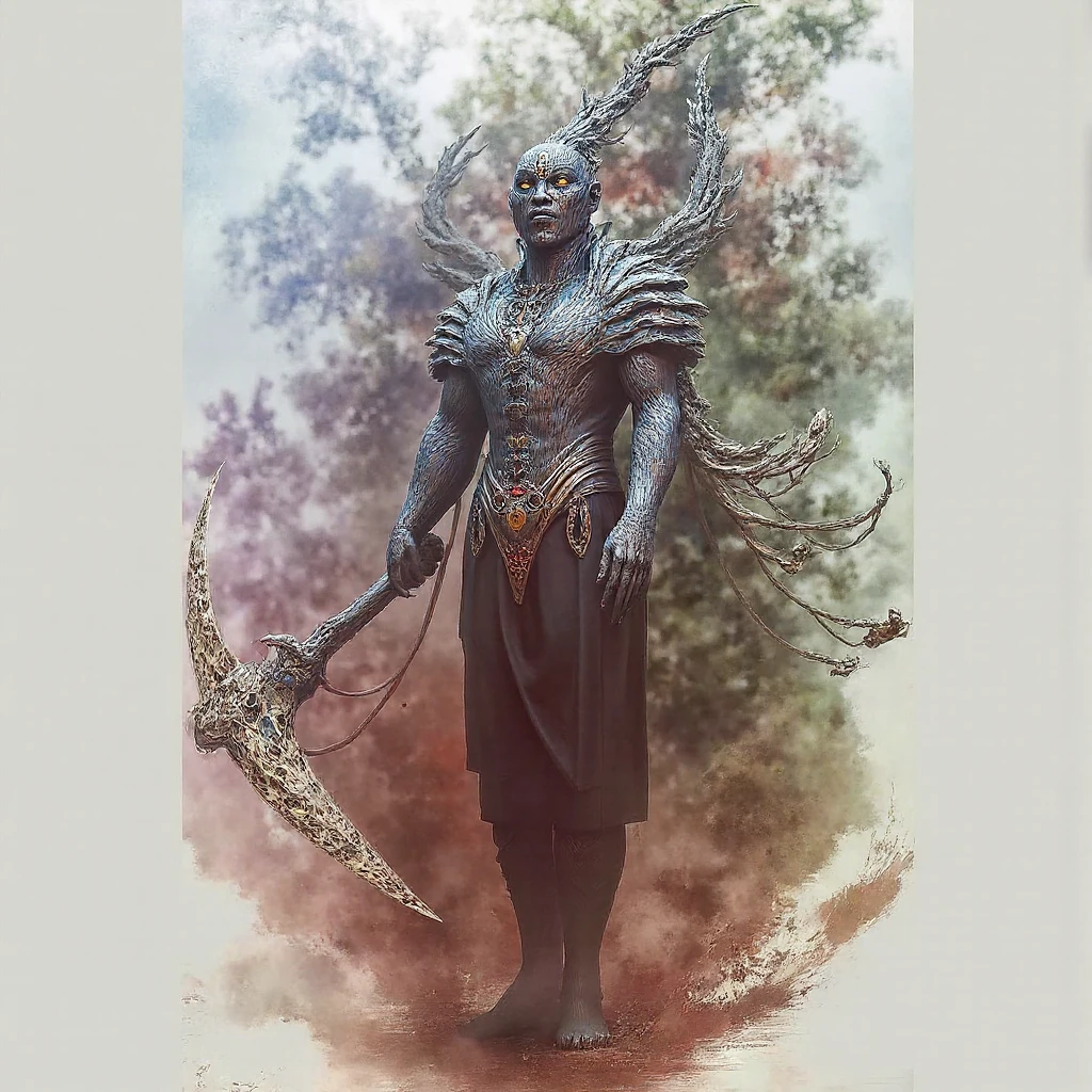 Orisha Oxossi in black and white holding a bow and arrow, with tunic, and feathers on the head