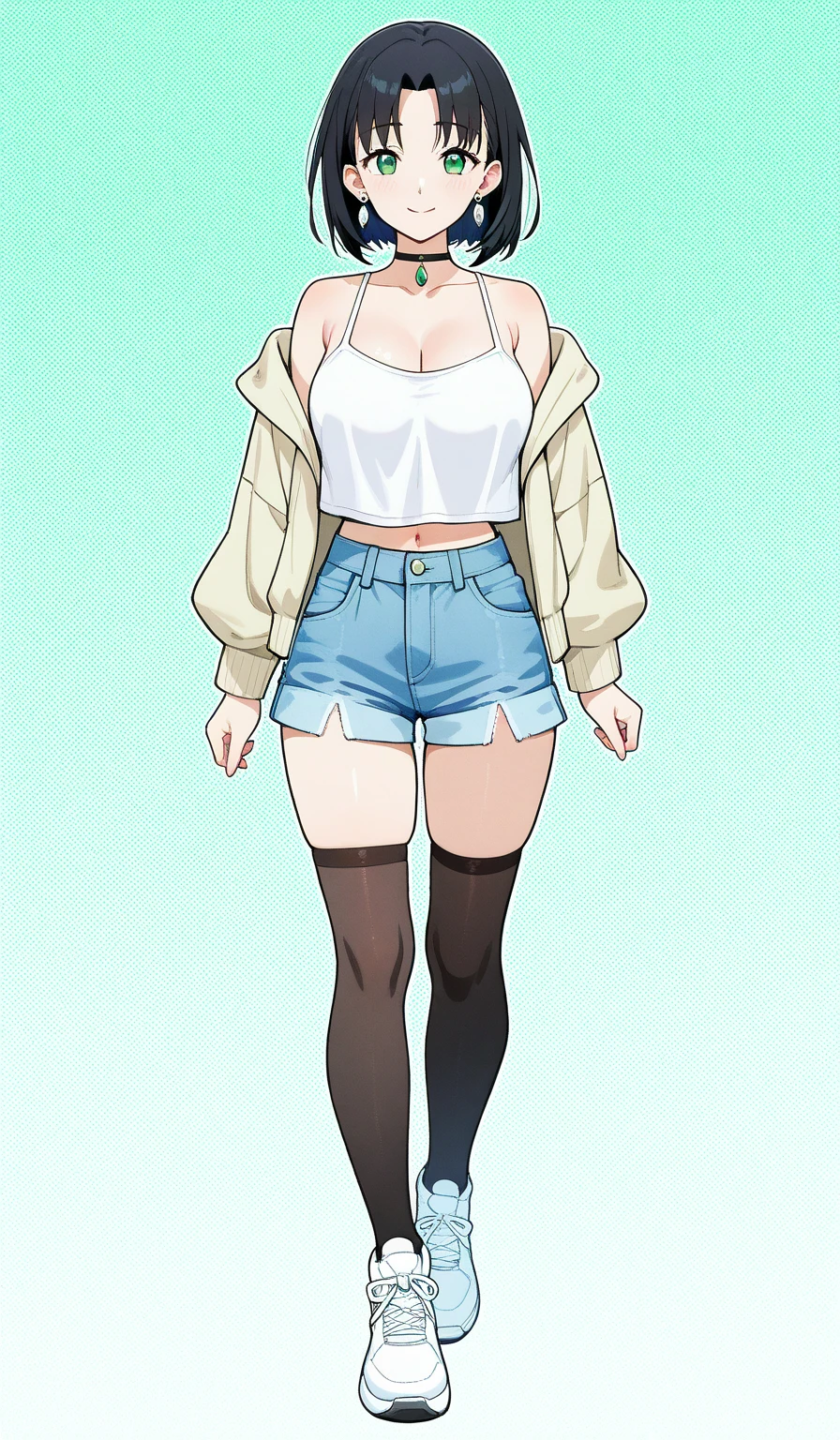 (High definition) (masterpiece), (tanned skin), Young elf girl, wide hips, small breasts, slender body, big thighs, beautiful legs, medium orange hair, green eyes, wearing white bikini top, black jeans shorts, with ponytail, relaxed pose, smiling, full body