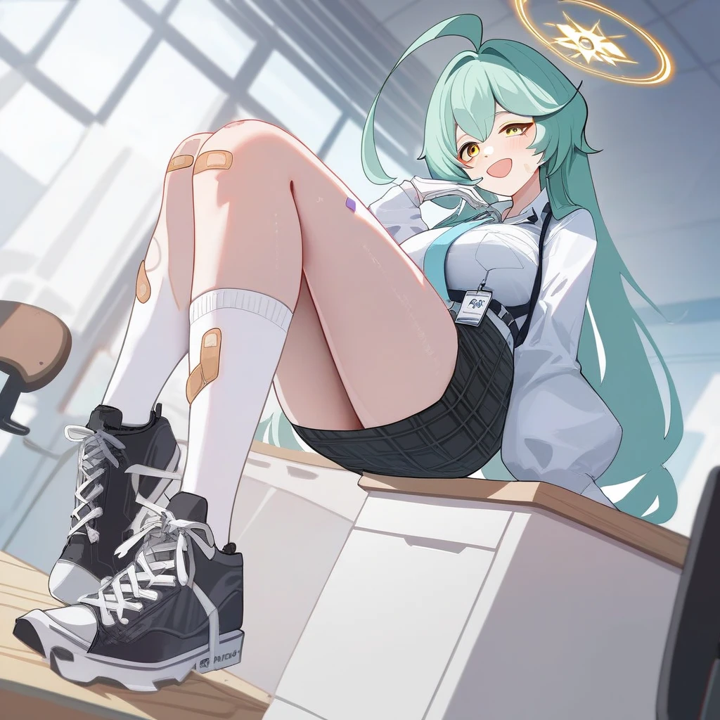An anime loli sits on a table in white tights and looks down in disgust,The perspective looks up from the foot