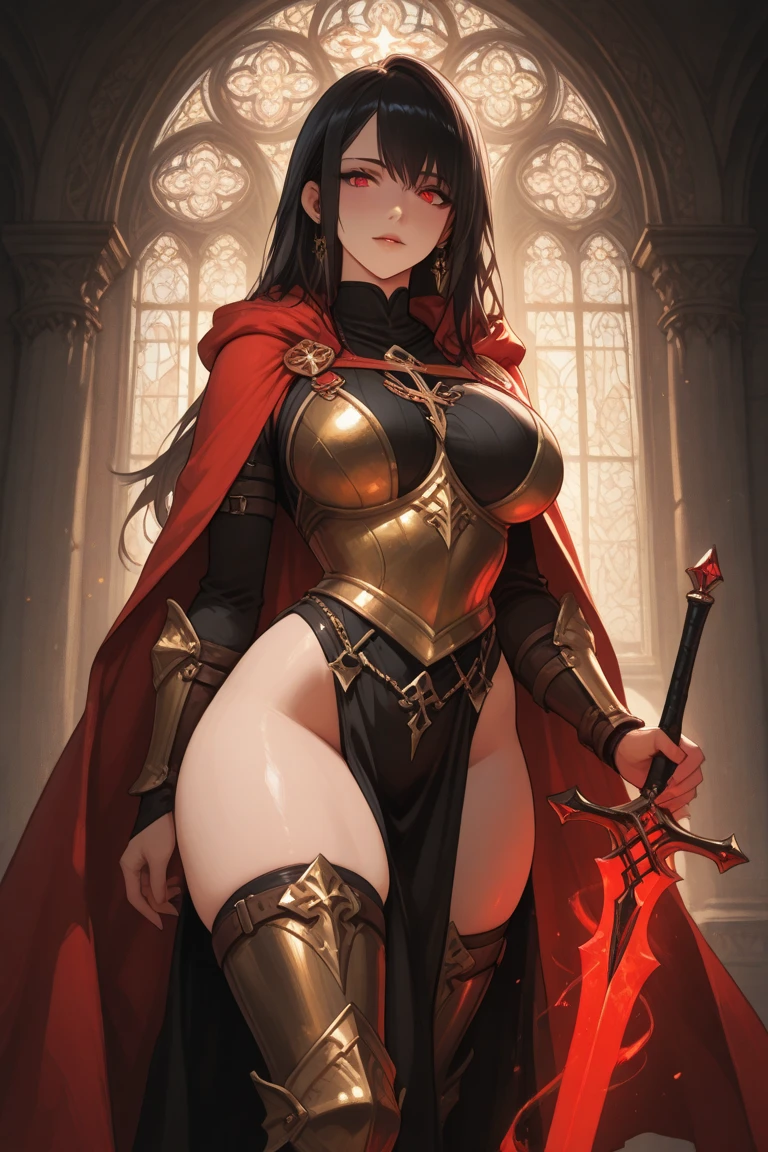 Realistic photos of beautiful mature women, (Jennifer Love Hewitt:0.5), (Skin Texture:1.1), (Detailed eyes), (long brown hair), (Long wavy hair), (Detailed face), (Skin pores), (Legs), (broad shoulders), (strong thick body), pale skin, ((High Detail Filigree Armor)), On the ramparts, Facing the camera, (masutepiece), (Photorealistic:1.4), Raw photo, Best Quality, hight resolution, Rich colors, Backlight, Bright sunlight, Cinematic lighting, Film grain, Raw photo, 50mm Lens, Nikon D850, Warm colors　Luxurious red and black armor　Luxurious red pants　Obi Ken