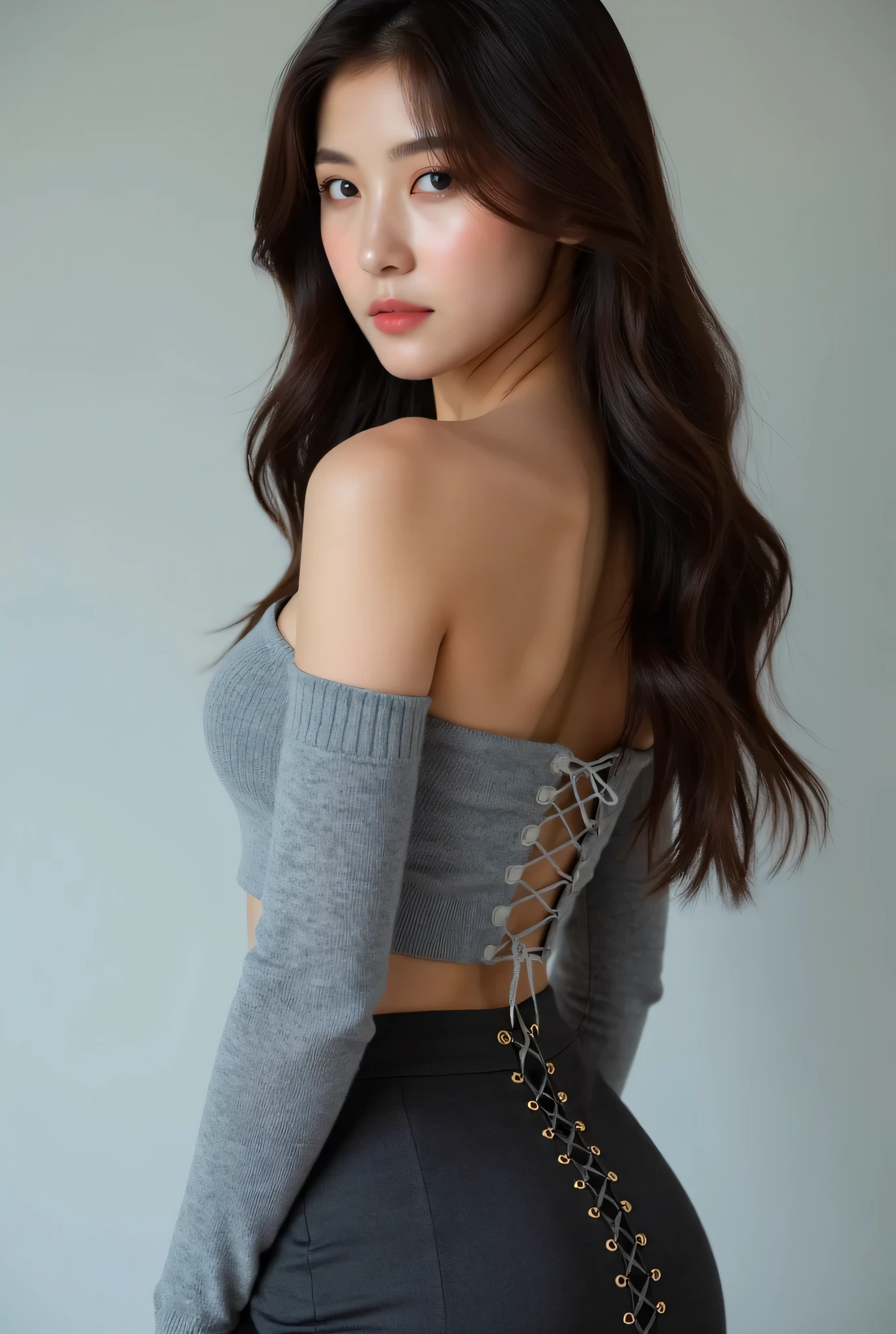 8K, Extremely detailed skin and facial texture, Asian girl with long hair and big butt wearing Off-shoulder grey knit crop top with long sleeves, paired with a high-waisted dark grey bodycon skirt featuring lace-up back detail. and looking at the audience, Rear view, Clear focus
