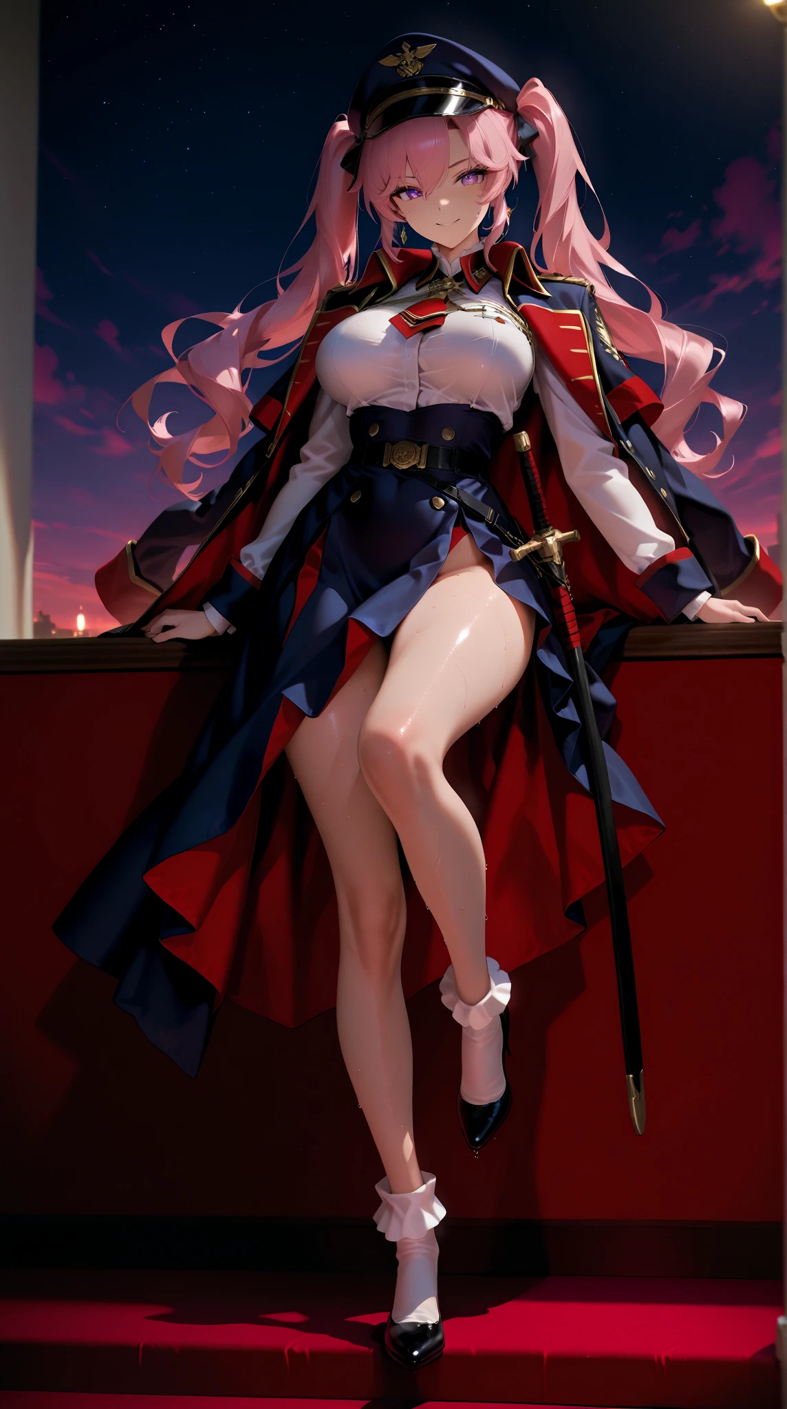 Semi realistic, (masterpiece), best quality, 1girl, (full body:1.2), exquisite skin, (detailed eyes:1.3), (glossy lips), lip gloss, (red eyes:1.3), long hair, (high ponytail), red hair, hair ornament, (beautiful rococo dress), 19th century dress