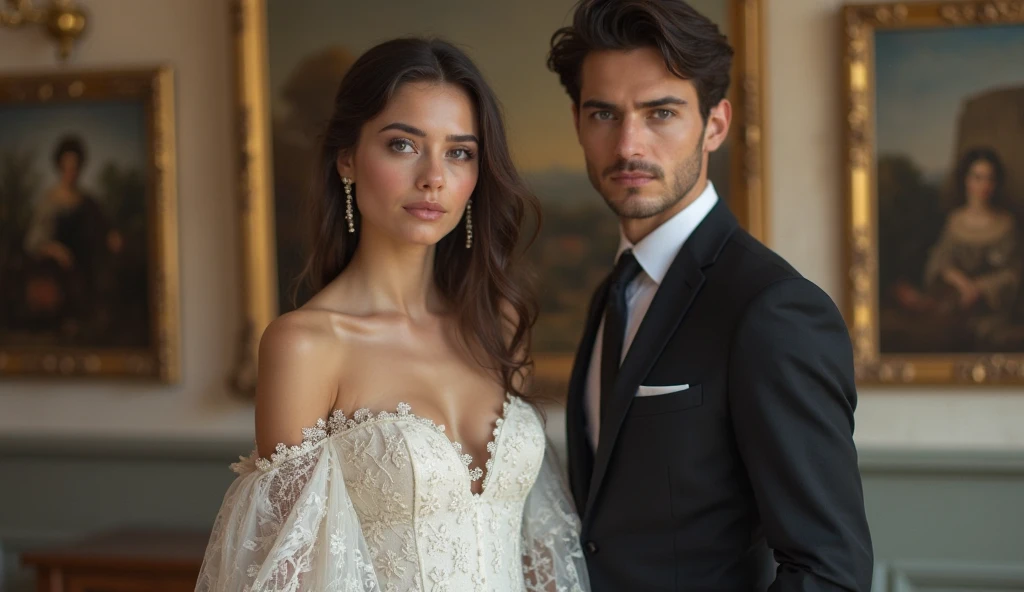 Hyper realistic Photograph ,A couple in love, man in suit, woman in wedding dress, wedding, church, beautiful skin, high detail faces, octane render, birds-eye-view shot, Gel lighting, masterpiece, unity 64k wallpaper, ultra detailed, aesthetic, masterpiece, best quality, photorealistic, 64k, raw