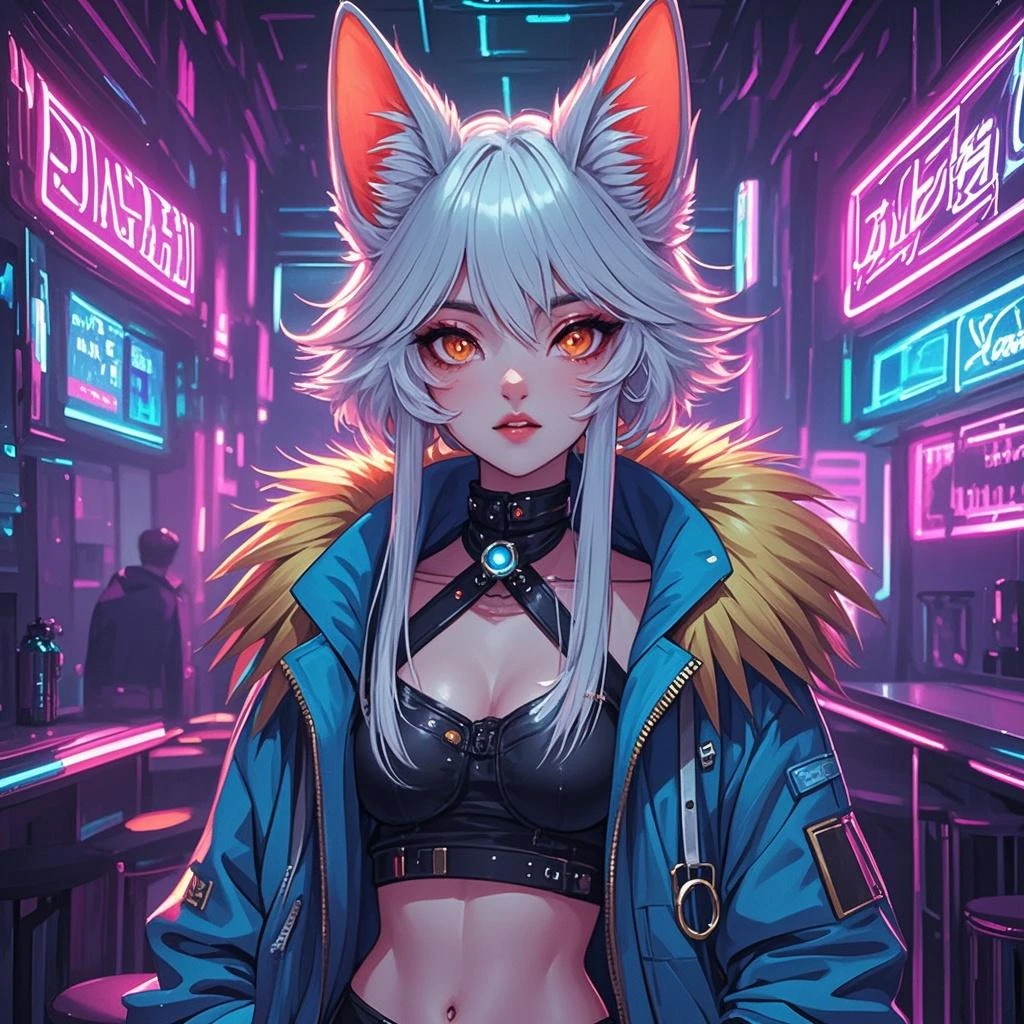 "A woman with vibrant neon pink blue hair, adorned with artificial fox ears and mechanical fox tails, donning futuristic white attire accentuated with neon highlights. She is strolling amidst the bustling cyberpunk city streets I'm eating cyber ice cream"