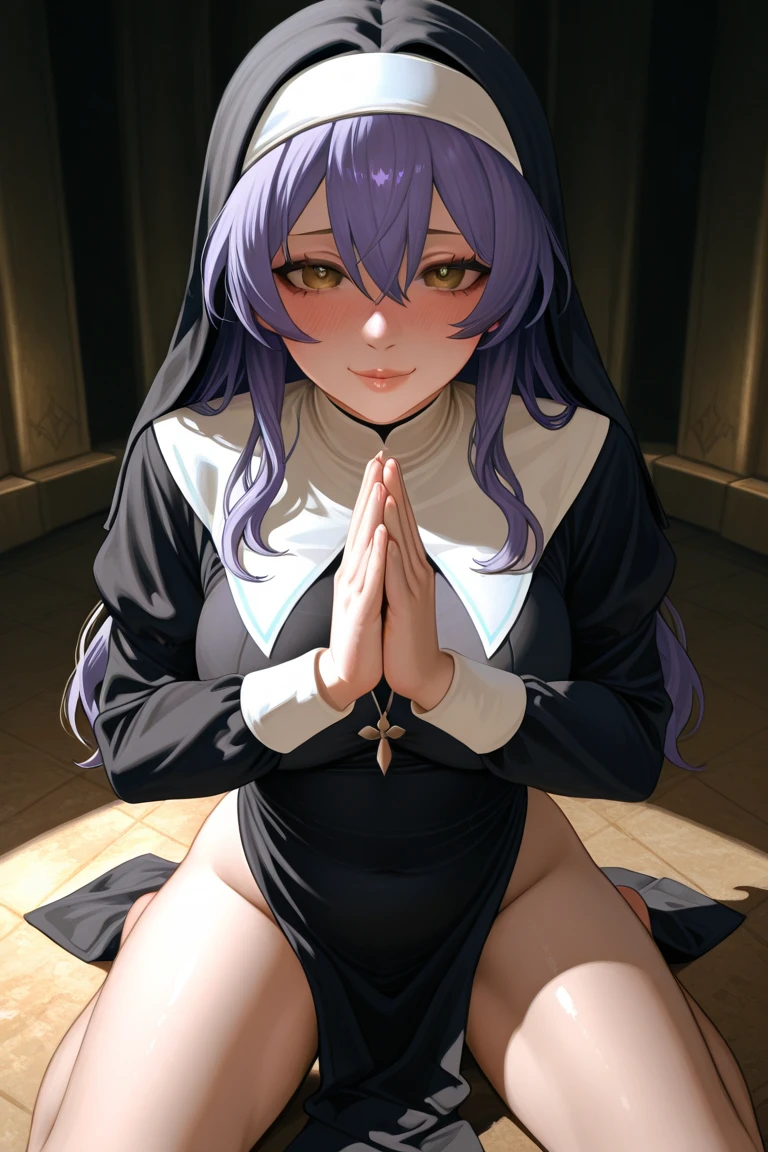 Superior quality, Masterpiece, ultra high resolution, NSFW image of a 1 girl with short purple hair and purple eyes and she is in a church wearing a nun's outfit, she is on her back showing her big ass