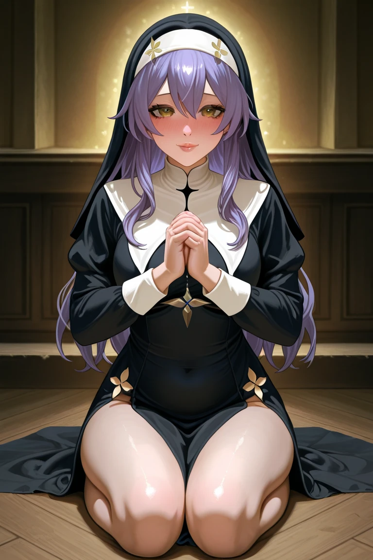 rosaria, rosaria, bags under eyes, hair between eyes, long eyelashes, multicolored hair, (purple eyes:1.1), purple hair, red hair, short hair, streaked hair, (small breasts:1.2), BREAK bare shoulders, breasts, elbow gloves, fishnet pantyhose, fishnets, gem, gloves, gradient, nun, red gemstone, skindentation, thigh strap, tiara, white gloves,lace,
BREAK looking at viewer,
BREAK indoors, church,benches, candles, fire,
BREAK (masterpiece:1.2), best quality, high resolution, unity 8k wallpaper, (illustration:0.8), (beautiful detailed eyes:1.6), extremely detailed face, perfect lighting, extremely detailed CG, (perfect hands, perfect anatomy),from below, full body.