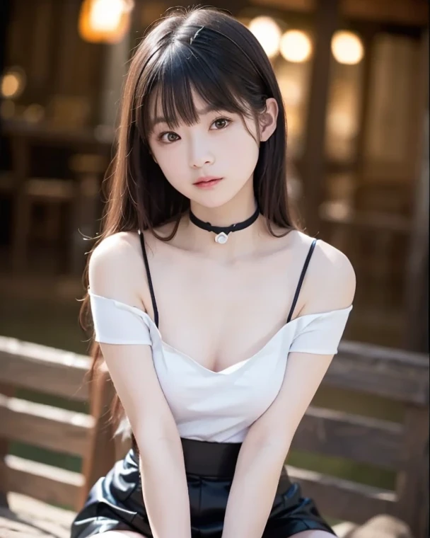 table top, highest quality, one girl, (beautiful girl:1.3), (:1.2), very fine resolution, (symmetrical eyes:1.3), (NSFW), (squat, , cute skirt:1.3), beautiful breasts, black eyes, parted bangs, dark black hair, don't show your teeth